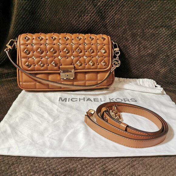 Cognac/Gold Quilted/Studded Leather Satchel/Crossbody NWOT #258 - Picture 1 of 13
